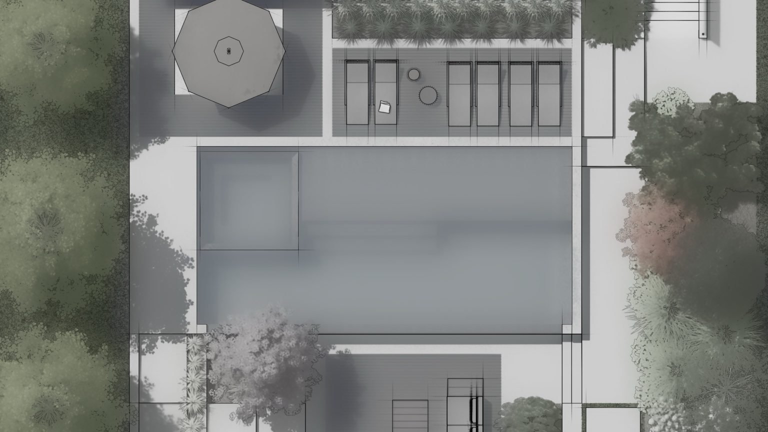 Plan view of a modern Burlington pool and patio layout